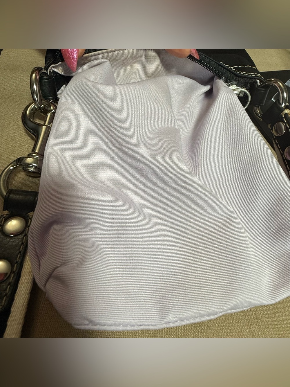 Coach Black Crossbody Bag with White-Trim Strap and Lavender lining. - Picture 7 of 9